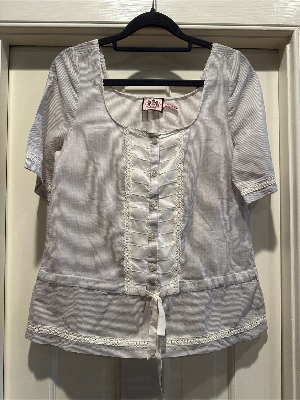 Juicy Couture Light Blue Lace-Trim Button Front Peasant Top